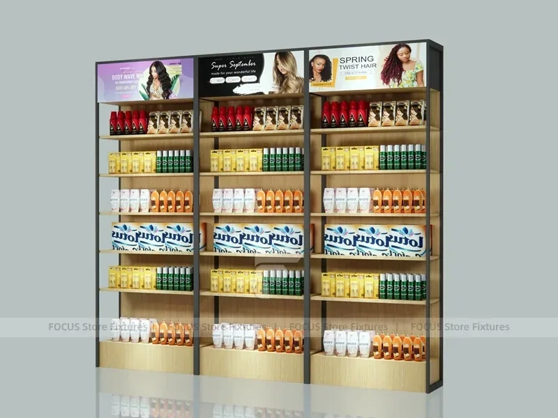 White Beauty Product Wall Shelving with Integrated Lighting for Wig Shop