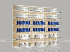 White Beauty Product Wall Shelving with Integrated Lighting for Wig Shop