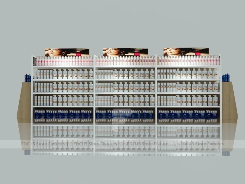 White Beauty Supply Double Bay Wall Shelving with Top Lightbox for Wig Shop
