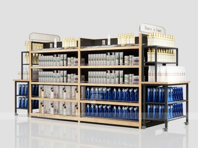 White Beauty Supply Double Bay Wall Shelving with Top Lightbox for Wig Shop