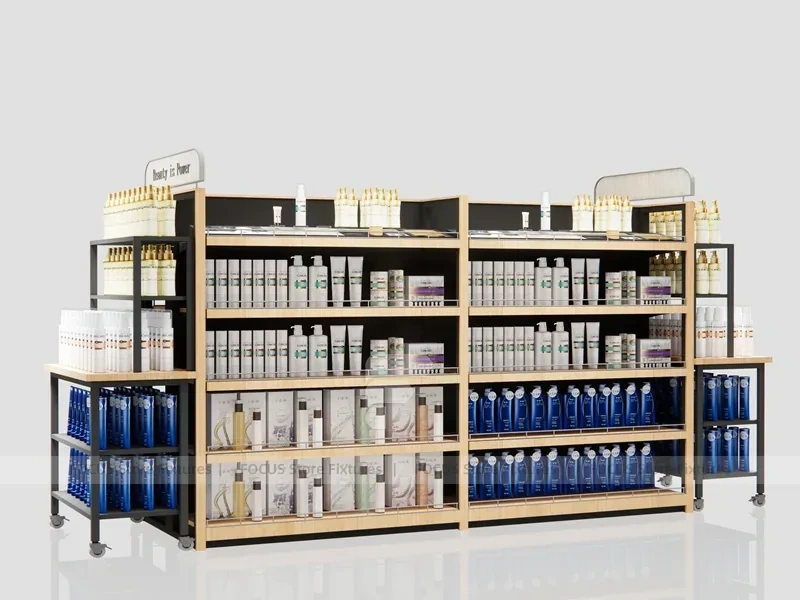 White Beauty Supply Double Bay Wall Shelving with Top Lightbox for Wig Shop