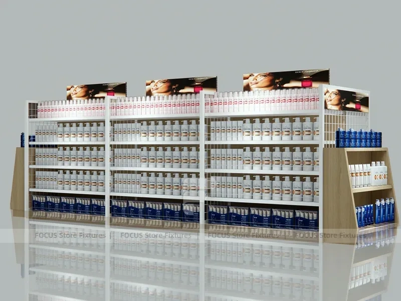 White Beauty Supply Double Bay Wall Shelving with Top Lightbox for Wig Shop