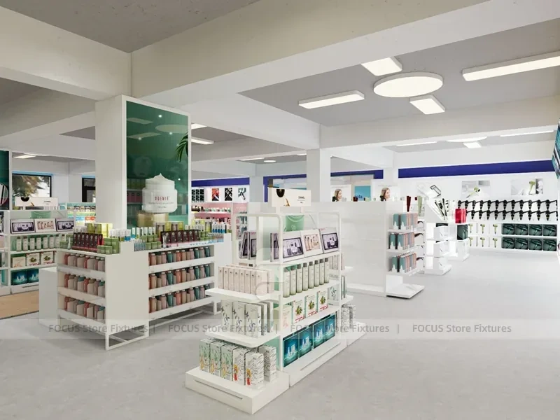 White Cosmetics Island Shelving with Green Branding Column for Wig Shop