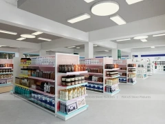 White Cosmetics Island Shelving with Green Branding Column for Wig Shop