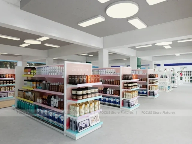 White Cosmetics Island Shelving with Green Branding Column for Wig Shop