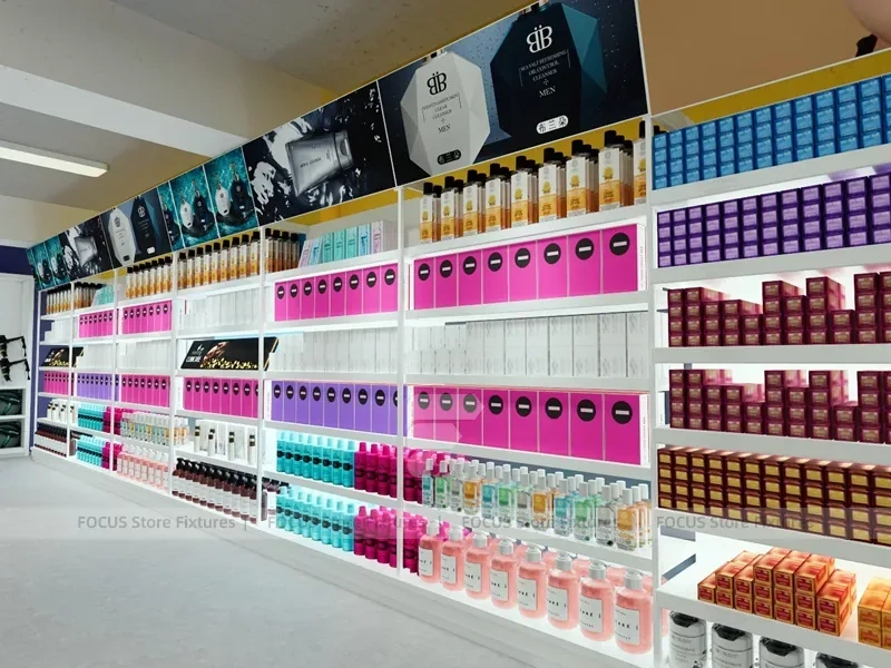White Cosmetics Island Shelving with Green Branding Column for Wig Shop