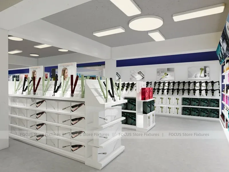 White Cosmetics Island Shelving with Green Branding Column for Wig Shop