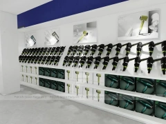 White Cosmetics Island Shelving with Green Branding Column for Wig Shop