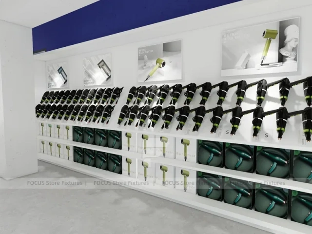 White Cosmetics Island Shelving with Green Branding Column for Wig Shop