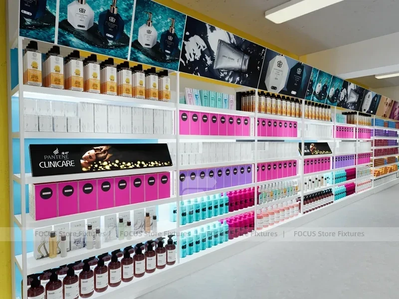 White Cosmetics Island Shelving with Green Branding Column for Wig Shop