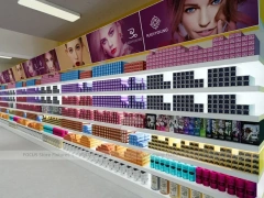 White Cosmetics Island Shelving with Green Branding Column for Wig Shop
