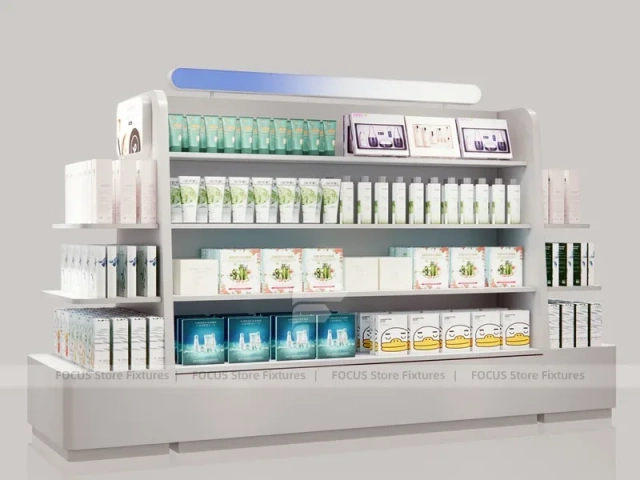 White Curved Beauty Product Wall Shelving with Top Light for Wig Shop