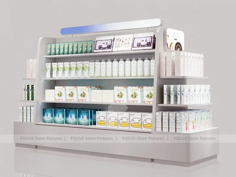 White Curved Beauty Product Wall Shelving with Top Light for Wig Shop