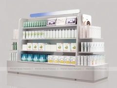 White Curved Beauty Product Wall Shelving with Top Light for Wig Shop
