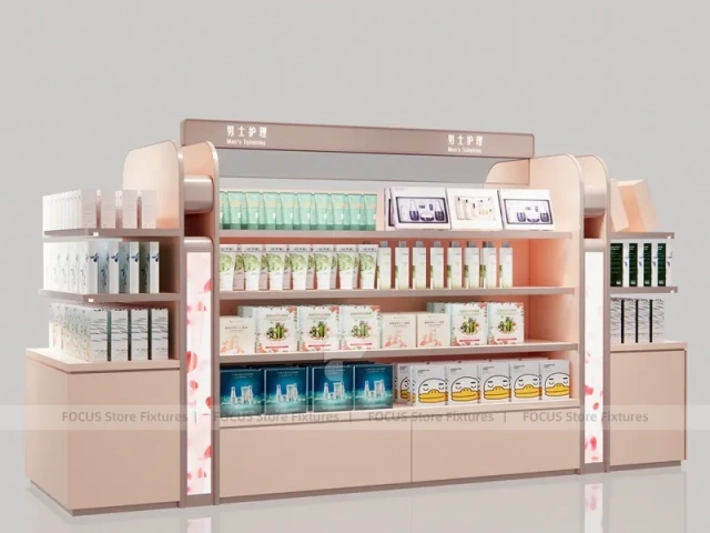 White Curved Beauty Product Wall Shelving with Top Light for Wig Shop
