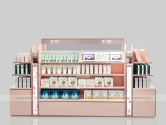 White Curved Beauty Product Wall Shelving with Top Light for Wig Shop