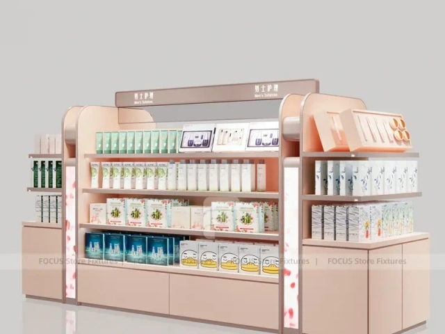 White Curved Beauty Product Wall Shelving with Top Light for Wig Shop