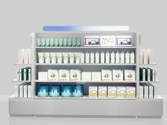 White Curved Beauty Product Wall Shelving with Top Light for Wig Shop