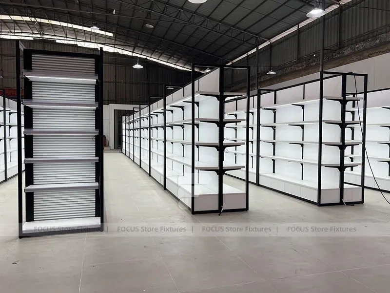 White Gondola Shelving Run with Black Framed Endcaps for Beauty Store