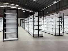 White Gondola Shelving Run with Black Framed Endcaps for Beauty Store