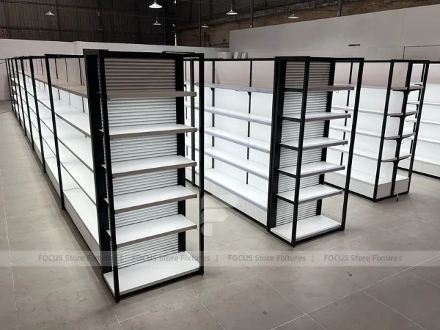 White Gondola Shelving Run with Black Framed Endcaps for Beauty Store