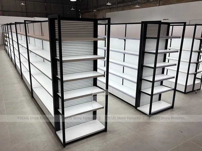 White Gondola Shelving Run with Black Framed Endcaps for Beauty Store