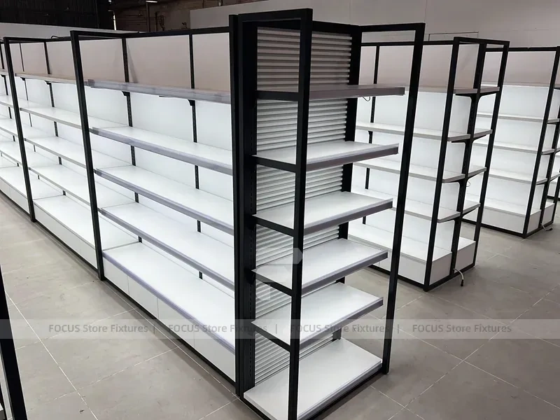 White Gondola Shelving Run with Black Framed Endcaps for Beauty Store