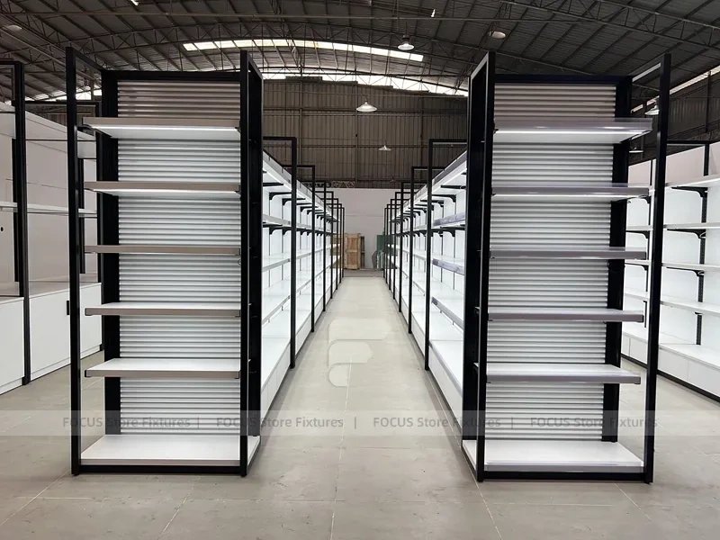 White Gondola Shelving Run with Black Framed Endcaps for Beauty Store