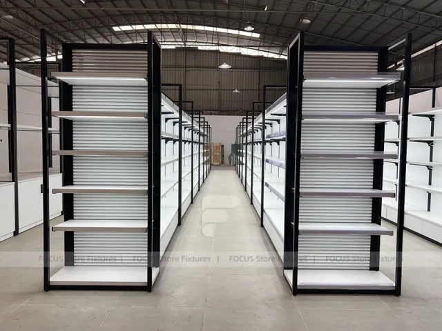 White Gondola Shelving Run with Black Framed Endcaps for Beauty Store