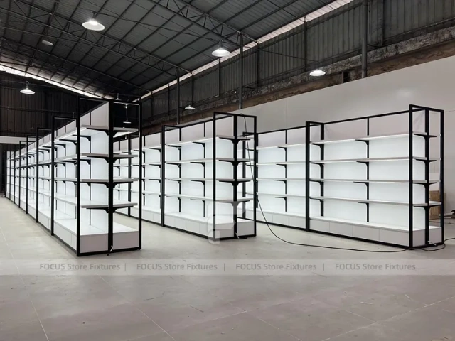 White Gondola Shelving Run with Black Framed Endcaps for Beauty Store