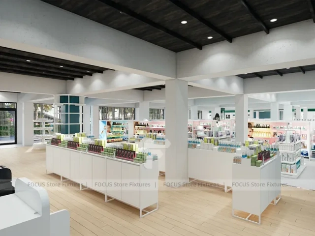 White Open Beauty Retail Island Shelving and Perimeter Walls for Wig Shop