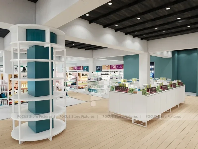 White Open Beauty Retail Island Shelving and Perimeter Walls for Wig Shop