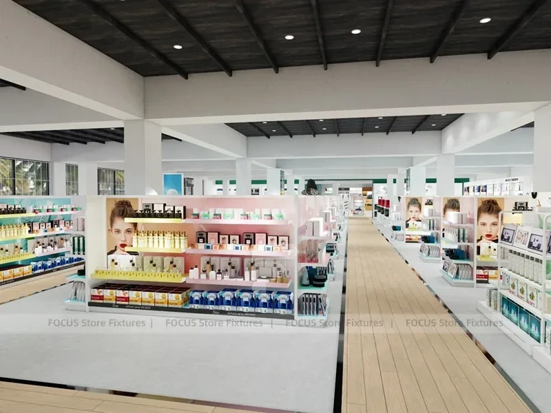 White Open Beauty Retail Island Shelving and Perimeter Walls for Wig Shop
