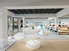 White Open Beauty Retail Island Shelving and Perimeter Walls for Wig Shop