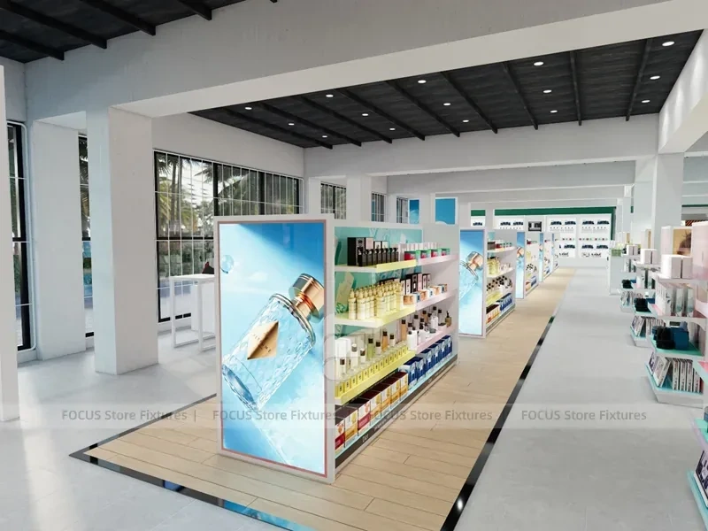 White Open Beauty Retail Island Shelving and Perimeter Walls for Wig Shop