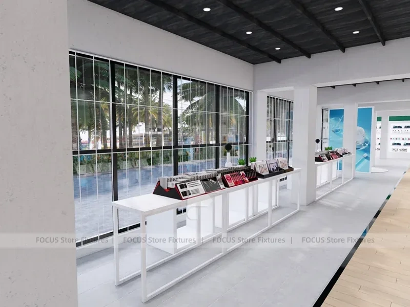White Open Beauty Retail Island Shelving and Perimeter Walls for Wig Shop