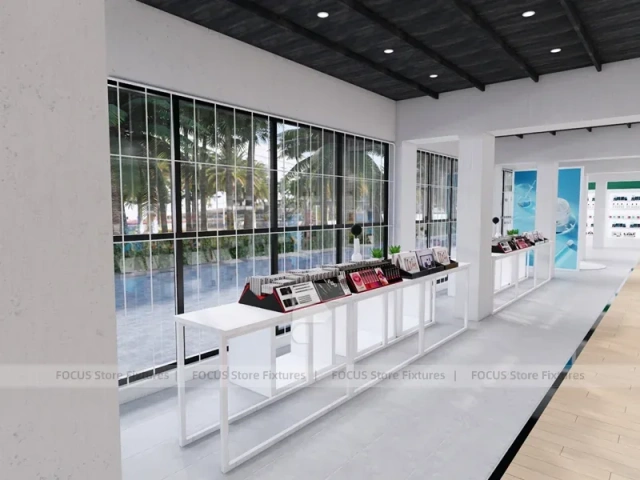 White Open Beauty Retail Island Shelving and Perimeter Walls for Wig Shop