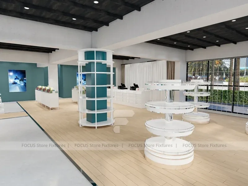 White Open Beauty Retail Island Shelving and Perimeter Walls for Wig Shop