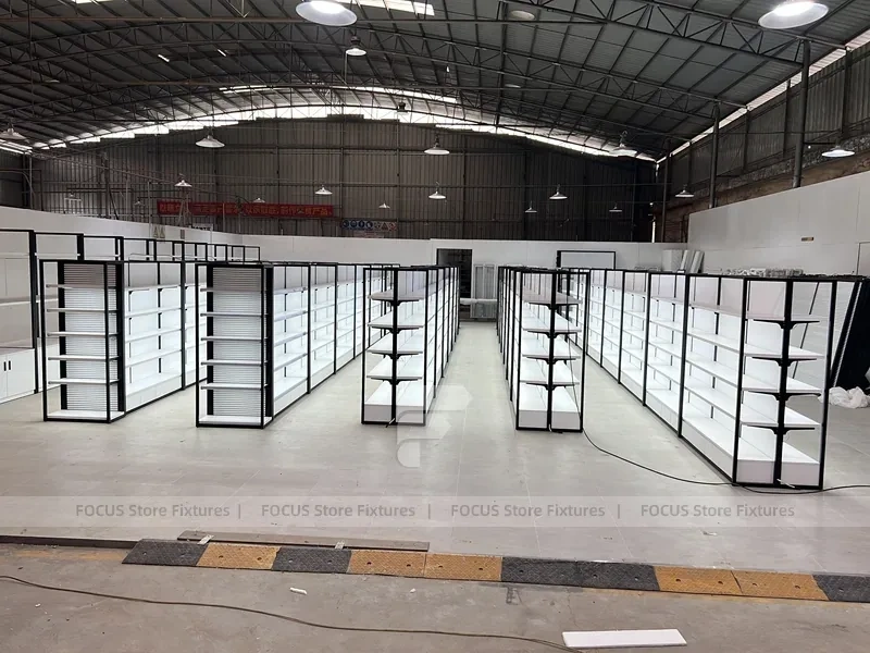 White Shelving Gondola Row with Black End Frames for Beauty Store