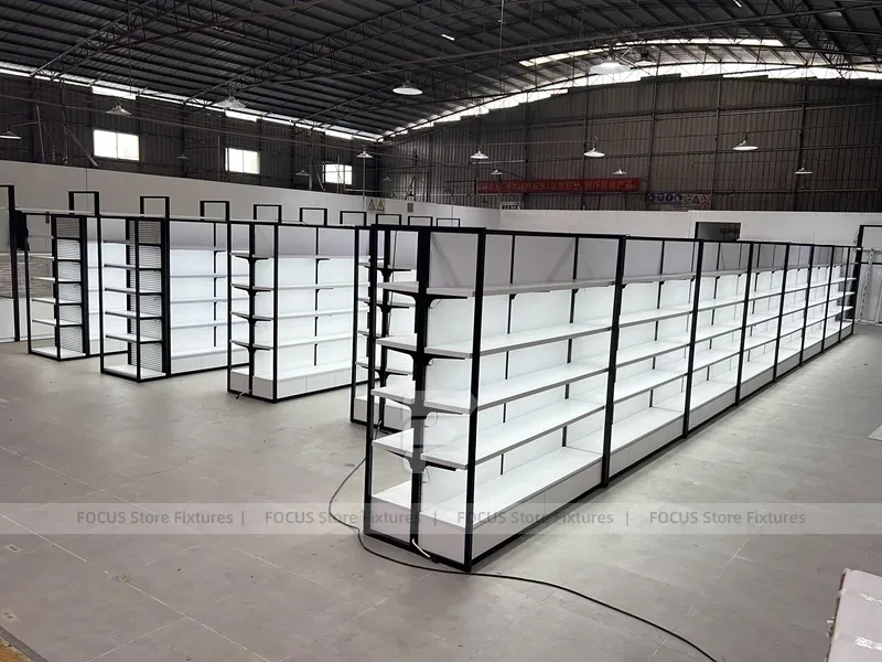 White Shelving Gondola Row with Black End Frames for Beauty Store