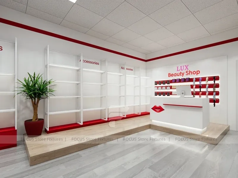 White Wall Mounted Beauty Supply Shelving with Cash Wrap for Wig Shop