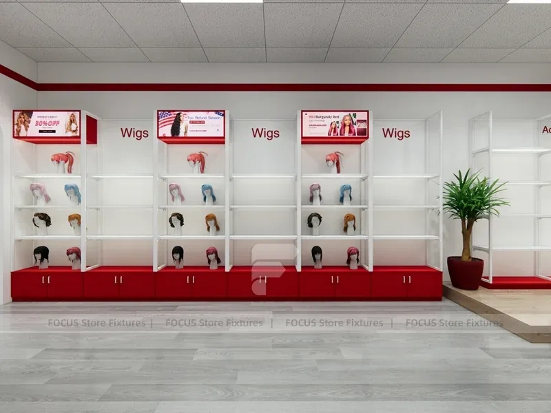 White Wall Mounted Beauty Supply Shelving with Cash Wrap for Wig Shop