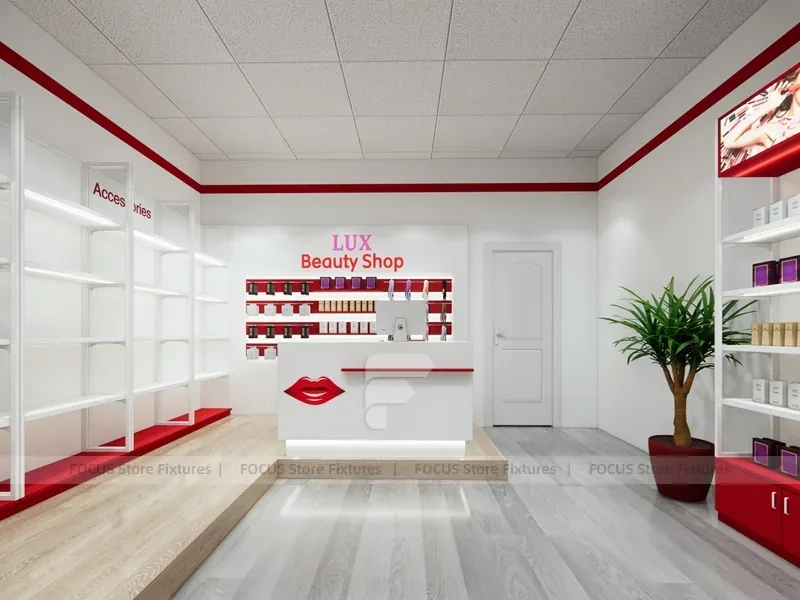 White Wall Mounted Beauty Supply Shelving with Cash Wrap for Wig Shop