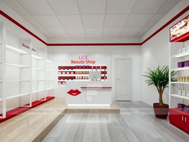 White Wall Mounted Beauty Supply Shelving with Cash Wrap for Wig Shop
