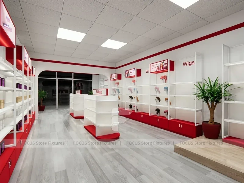 White Wall Mounted Beauty Supply Shelving with Cash Wrap for Wig Shop
