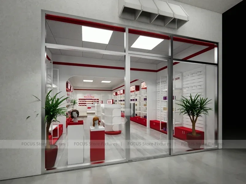 White Wall Mounted Beauty Supply Shelving with Cash Wrap for Wig Shop