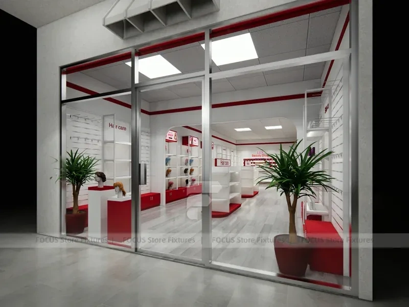 White Wall Mounted Beauty Supply Shelving with Cash Wrap for Wig Shop
