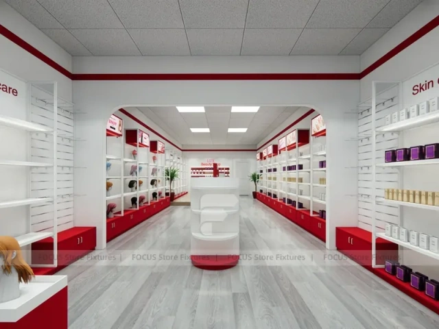 White Wall Mounted Beauty Supply Shelving with Cash Wrap for Wig Shop