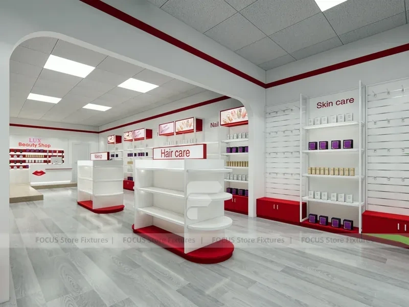 White Wall Mounted Beauty Supply Shelving with Cash Wrap for Wig Shop