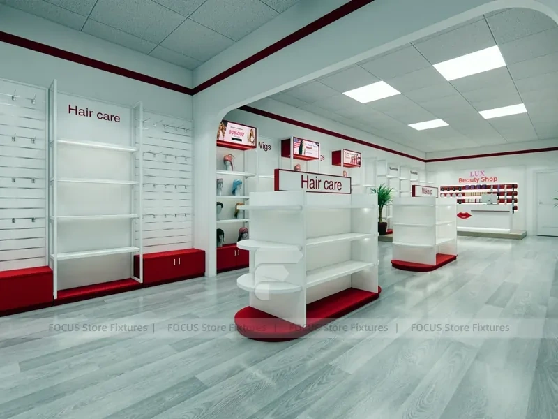 White Wall Mounted Beauty Supply Shelving with Cash Wrap for Wig Shop